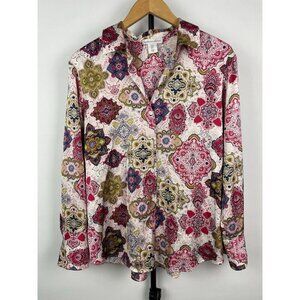 Cupcakes and Cashmere Pink Paisley Boho Chic Long Sleeve Button Down Blouse Sz S